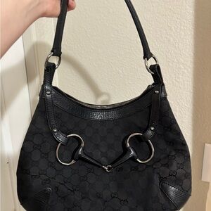 Gucci Black Monogram horsebit Shoulder Bag